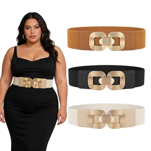 Dimore 3 Pack Plus Size Belts for Women Wide Elastic Waist Belt - Stretchy Vintage Cinch Ladies Waistband for Dresses (Black + Camel + Beige Fit Waist 37-41in)