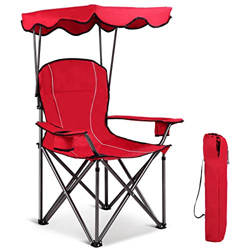 GYMAX Camping Chair, Folding Outdoor Lawn Chair with Canopy, Carry Bag & Cup Holder, Portable Heavy Duty Camp Chair for Outside Travel, Picnic, Beach Soccer Chairs (Red)