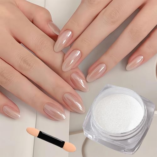 Image of Chrome Nail Powder, White Pearl Powder - Glossy Iridescent Metallic Mirror Nails Chrome Powders for Nail Art DIY Manicure Accessories