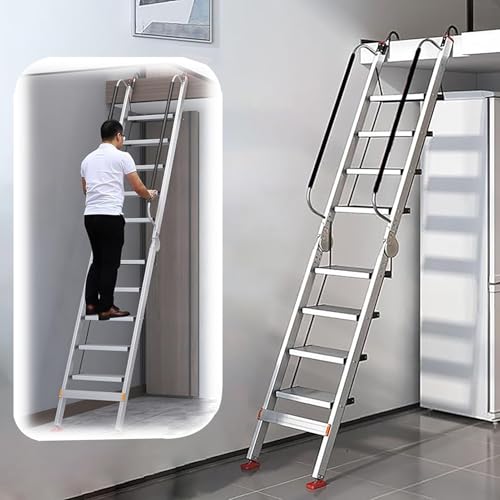 Escalera Escamoteable Escaleras de Salida de Ático Plegables para el Hogar, Escaleras de Aluminio para Huecos de Ventanas de Sótanos con Pasamanos, Escalera de Escape de Emergencia Reutilizable(8 Step