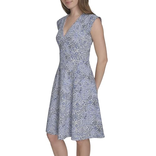 Image of Tommy Hilfiger Women's V Neck All Over Columbier Print Fit and Flare Dress