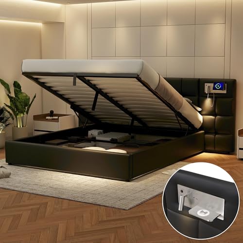 OKMYHOME Cama doble de 180 x 200 cm con iluminación LED y cargador USB inalámbrico – Tejido de poliuretano acolchado negro – Sin colchón