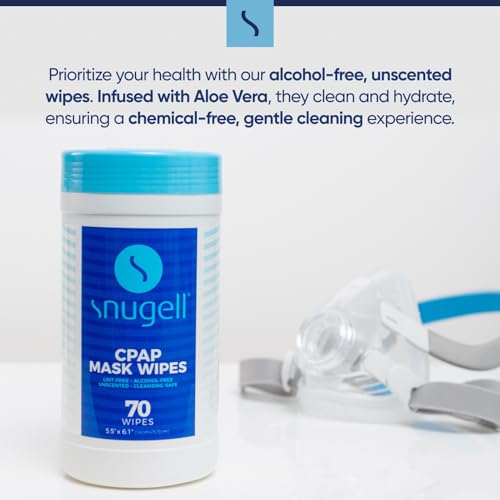 CPAP Mask Wipes by Snugell (1 Canister, 70 Count) - Unscented - 100% Soft Cotton - Lint & Alcohol Free - Skin Safe with Aloe Vera - Easy Opening Canister - for Cleaning CPAP Mask, Tube and Devices