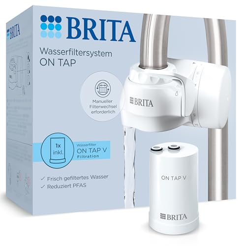 BRITA ON TAP Wasser Filtersystem für den Wasserhahn inkl. 1x V-Filterkartusche (600 l) – purer Wassergeschmack, reduziert PFAS, kleine Partikel, Metalle, geruchs- und geschmacksstörende Stoffe