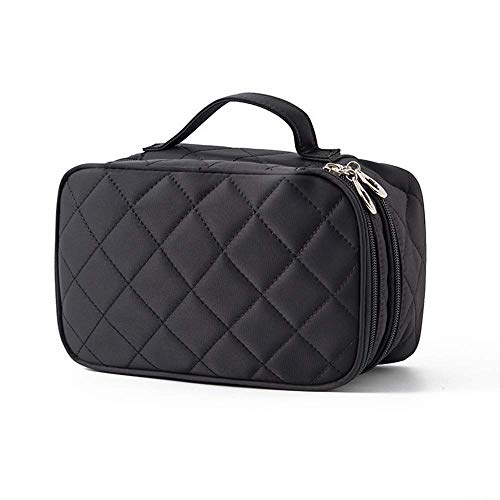 Preisvergleich Produktbild QXXNB Kosmetiktasche Mädchen, Reise Schminktasche Mit Pinselfach Schwarz,Tragbare Doppelschicht Wasserdicht Makeup Tasche Organizer Kulturtasche Mit Spiege, Tragegriff Und Zip,Black,23X14X10cm
