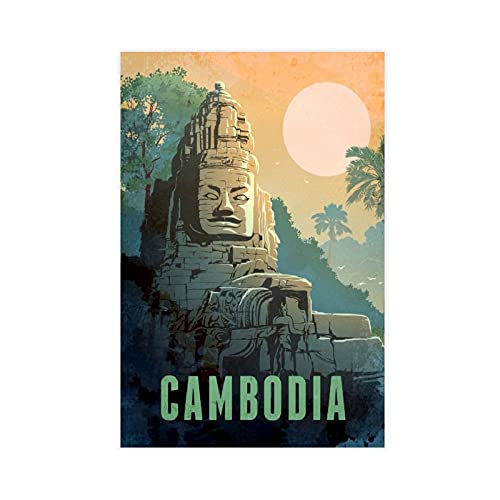 Toile vintage Angkor Wat du Cambodge - Bouddha - Voyage rétro - Asie ethnique du Cambodge - Impression sur toile - Décoration murale - Sans cadre : 30 x 45 cm