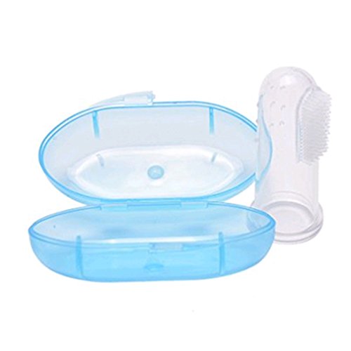 VWH Baby Finger Toothbrush Soft Silicone Teether Infant Gums Massager Teething Brush with Case (Blue)