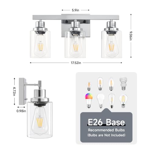 Image of 3 Light Bathroom Light Fixtures,17 inch Polished Chrome Vanity Lights | Modern Vanity Lights over Mirror with Clear Glassshades,Farmhouse Bathroom Wall Sconece over Sink,E26 Base