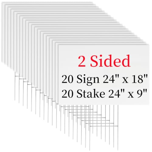 20 Pack 18 x 24 Inches Large White Corrugated Plastic Yard Sign with Metal Stakes for Birthday, Real Estate Garage Sale Signs, Rent, Guidepost Decorations