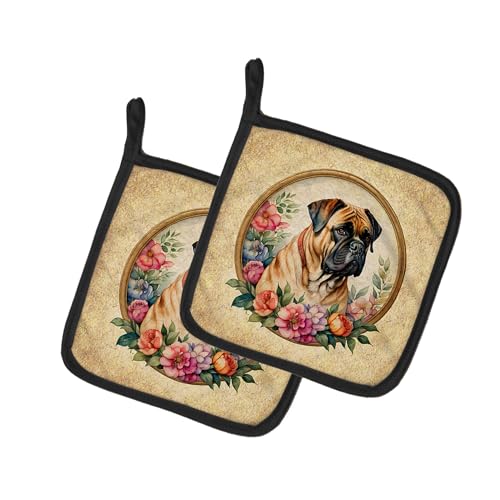 Caroline's Treasures Bullmastiff and Flowers Pair of Pot Holders Kitchen Heat Resistant Pot Holders Sets Oven Hot Pads for Cooking Baking BBQ, 7 1/2 x 7 1/2