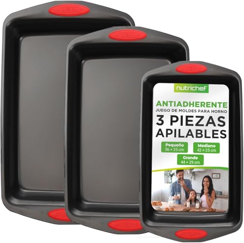 Nutrichef bandejas horno, Set de 3, Antiadherentes, Libres de PFOA/PFOS/PTFE, Duraderas, Asas de silicona