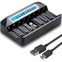 9 Independent Ports USB AA/AAA/9V Fast Charger 8PCS NiMh/NiCd AA/AA & 1PC NiMh/NiCd/Li-ion Square 9V Battery with LCD Display1 Black Charger Only