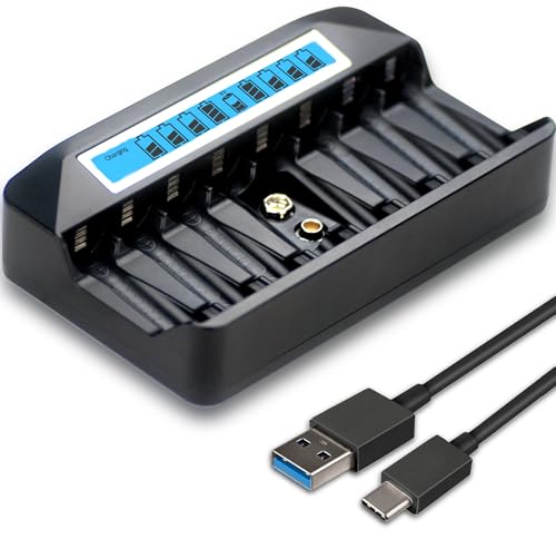 Shitanchao 9 Independent Ports USB AA/AAA/9V Fast Charger 8PCS NiMh/NiCd AA/AA & 1PC NiMh/NiCd/Li-ion Square 9V Battery with LCD Display(1 Black Charger Only)