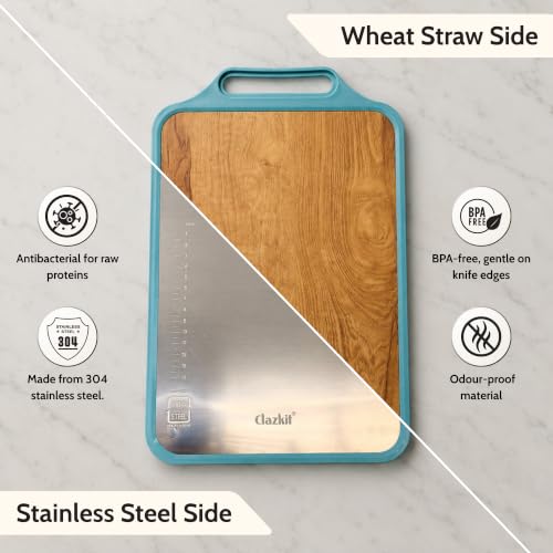 Image of Clazkit Stainless Steel & Wooden Dual Side Chopping Board with Handle | Food-Grade Stainless Steel & Natural Wood | Durable Kitchen Chopping Board for Vegetables, Fruits (36.5 x 23 x 0.1cm)