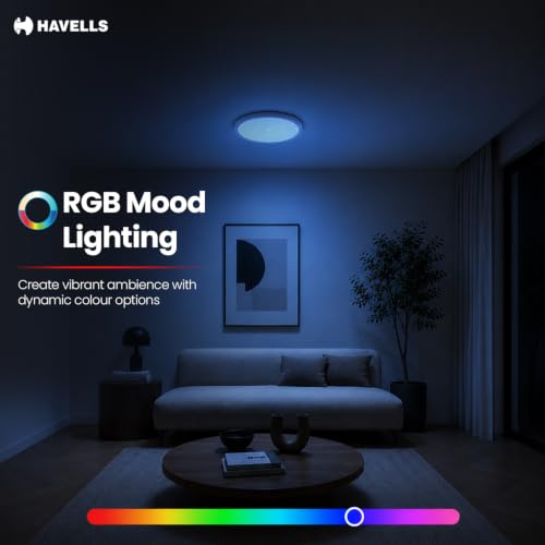 Image of Havells Aurika 30W LED Surface Ceiling Light|RGB Colour Changing + 3000K-6500K Tunable White|Dimmable with Remote Control|Modern Surface Mount Panel Light for Living Room, Bedroom & Home