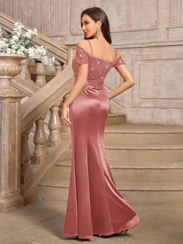Image of Miusol Women's Elegant Sequin Lace Spaghetti Straps Formal Satin Maxi Dress