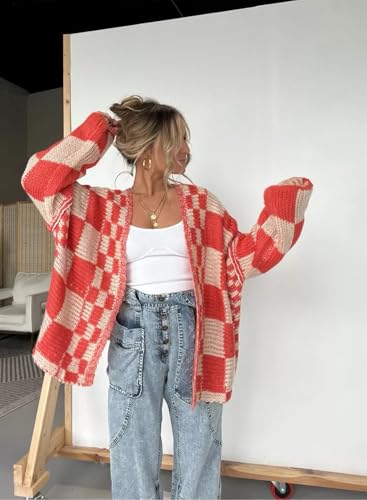Womens Checkered Sweater Open Front Long Sleeve Color Block Plaid Cardigans Oversized Knit Coats2