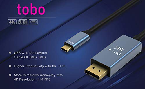 Image of Tobo USB C to DisplayPort Cable 4K@60Hz, 2K@165Hz, 2K@144Hz,USB Type C to DP Cable 6FT Aluminum Thunderbolt 3 Compatible with iMac, iPad Pro 2020, XPS 15 /13, Galaxy S20 - TD-289TC