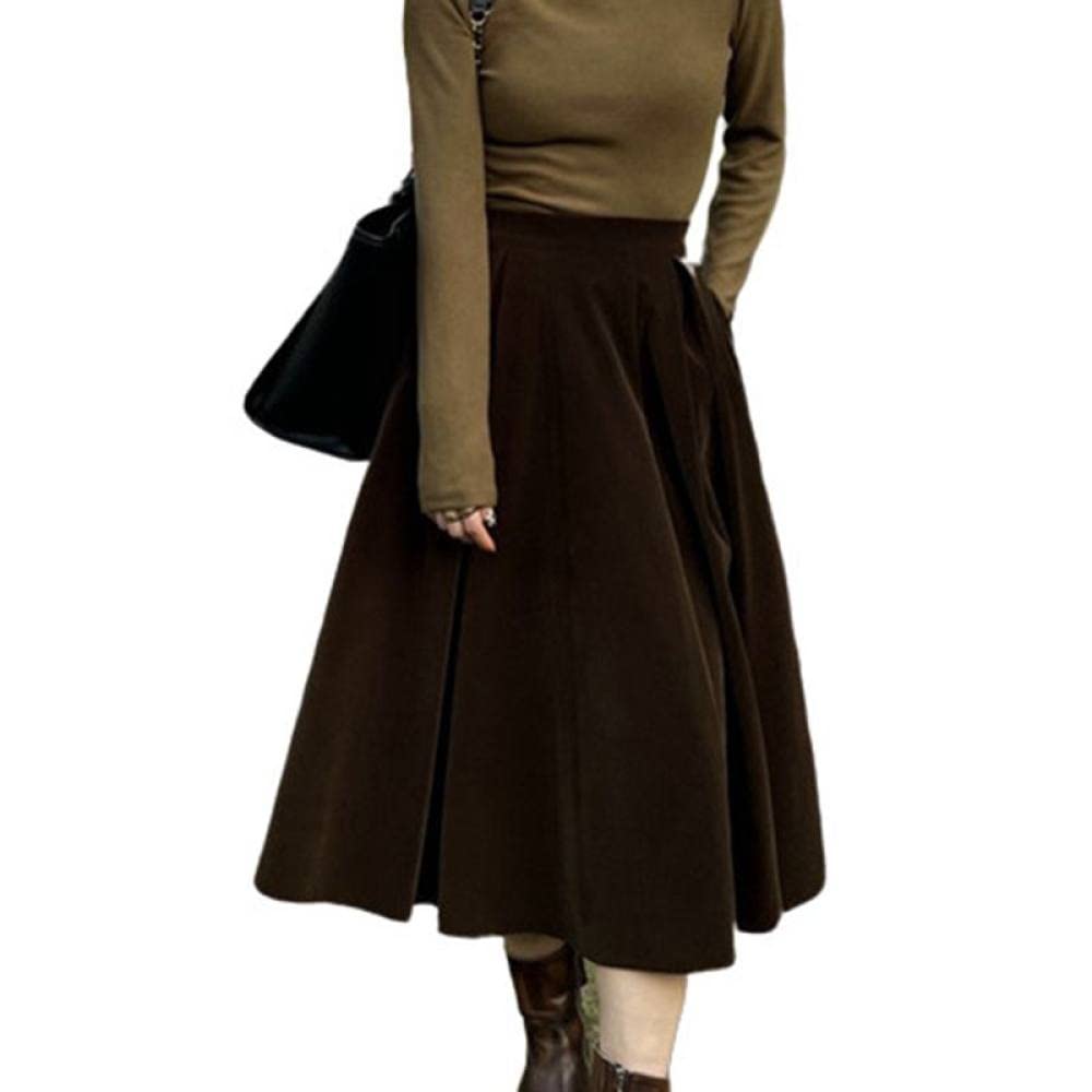 OZEO Gonne A Ruota,Gonna Midi da Donna Marrone Scuro Vita Alta Ombrello Plissettato in Velluto retrò Gonna A-Line Tinta Unita Increspato Elegante Gonne Lunghe per Ragazze Donna Autunno Inverno,S