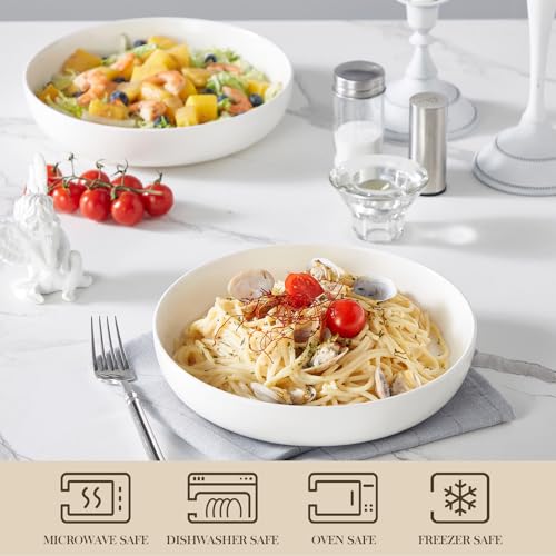 MALACASA 48 Oz Pasta Bowls Set of 4, 9 Inch Salad Bowls, White Ceramic Serving Bowls for Kitchen, Microwave & Dishwasher Safe, Series LUNA, White by MALACASA - Image 4