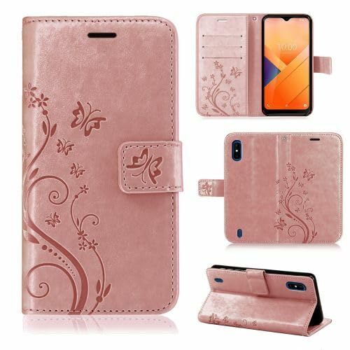 betterfon Étui de protection compatible avec Wiko Y81, en cuir synthétique, portefeuille, pour Y81, motif de fleurs, or rose