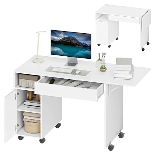 HOMCOM Scrivania per computer su rotelle con piano pieghevole, 130 x 58 cm, tavolo per computer, cassetto, armadio, scomparto e ripiano regolabile, postazione di lavoro per piccoli spazi, soggiorno,