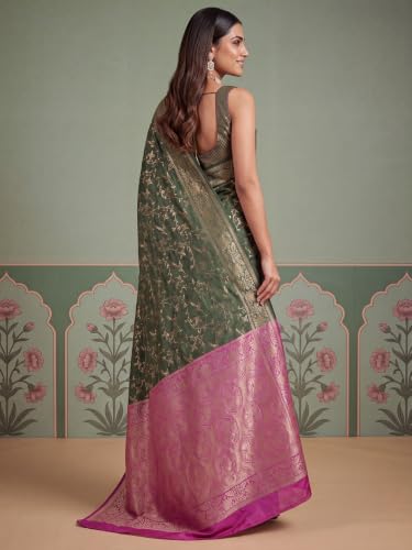 Image of AKHILAM Women's Multicolor Litchi Silk Ethnic Motif Print Saree With Unstitched Blouse Piece|sarees for women | litchi silk sarees