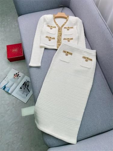 Women Crystal Long Evening 2 Piece Skirt Beading Knitting Cardigans Long Pencil Suits2