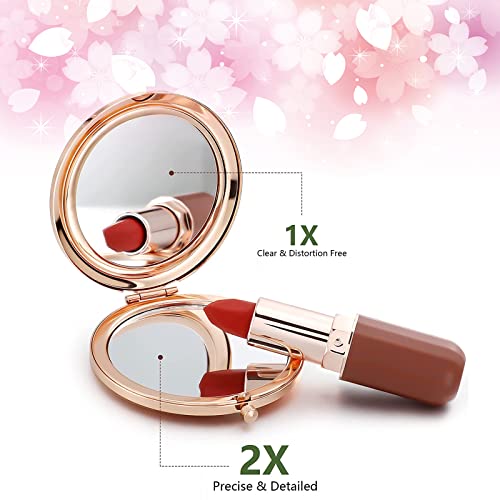 Lonnaone Compact Mirror For Women,Round Mini Pocket Travel Makeup Mirror,Pretty Portable Folding Small Pocket Mirror For Handbag,Purse,Double Sided Handheld Pocket Mirror（Rosegolden Pink Floral） #TOP3