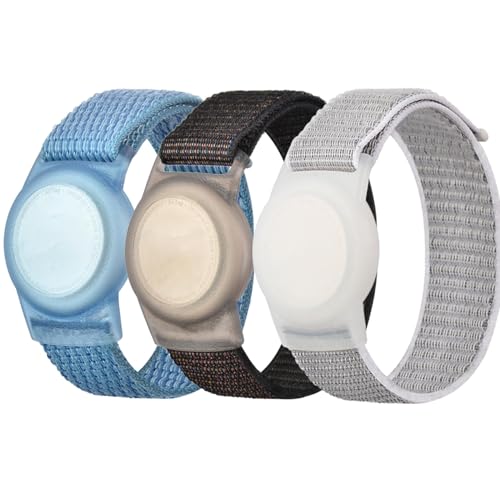 YOYDS Paquete de 3 pulseras AirTag para niños, soporte elástico ajustable de nailon para AirTag para niños con funda antipérdida de Apple Air Tag para niños, pulsera AirTag para niños (colorida)