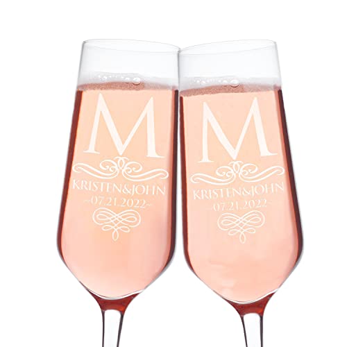 Set of 2, Bride And Groom Champagne Flutes, Custom Wedding Champagne Glasses w/Bride and Groom Name, Wedding Date, Initial, Personalized Engagement & Wedding Champagne Flutes, Wedding Gifts