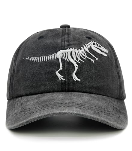 Boys' Skull Dinosaur Hat, Embroidered Dino Washed Adjustable Baseball Cap for Kids Age 3-11