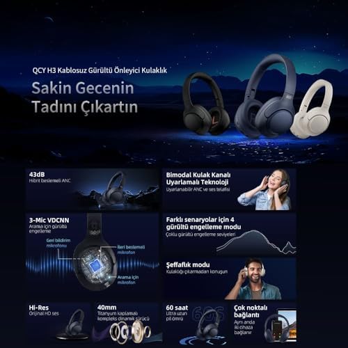 QCY H3 Hybrid ANC Hi-Res Bluetooth 5.4 Kafaüstü Kablosuz Kulaklık Çift Cihaz Desteği Beyaz - Görsel 2