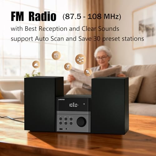 image for LONPOO Compact Micro Hi-Fi Stereo System with CD Player, Bluetooth, FM