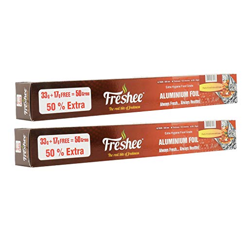 Image of Freshee 50gm Aluminium Silver Kitchen Foil Roll Paper Pack of 2| 11 Micron Thick| Food wrap|Disposable| Food Parcel| Hookah| Fresh Food| Food Grade