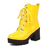Betastella Lug Sole Platform Ankle Boots Lace Up Chunky Heeled Combat Boots Patent Leather Side Zip Booties, size 10, yellow