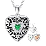 SOULMEET Personalized Sterling Silver Sunflower Birthstone May Simulated Emerald Locket Necklace That Holds 1 Picture Photo Locket with Heart Birthstone (Custom photo & text)