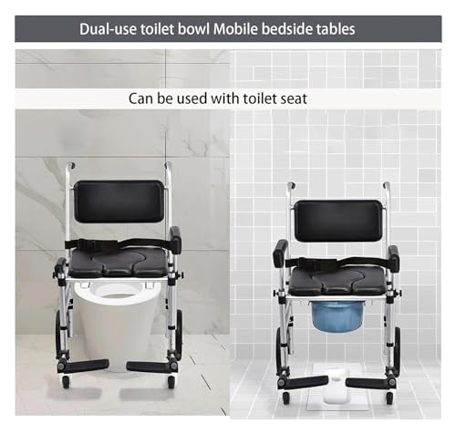 Silla de inodoro con ruedas, asiento acolchonado, silla para ducha plegable de aluminio para adultos mayores miniatura 3