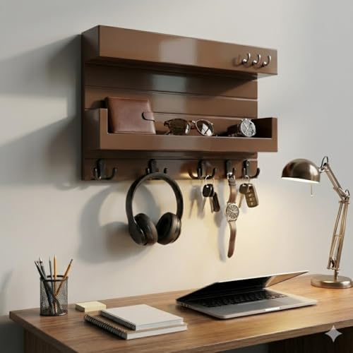Image of Key Holder for Wall with Mail Shelf & 4 Hooks | Engineered Wood (Brown, 36D x 23W x 10H Centimeters)