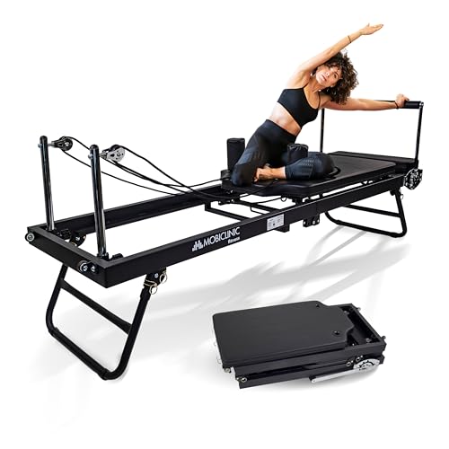 Mobiclinic®, Máquina de Pilates Reformer, Plegable, 5 Muelles de Resistencia, Entrenamiento 5 en 1, Poleas Silenciosas, Barra Ajustable, Alfombrilla Antideslizante, Acero, Pilatfit