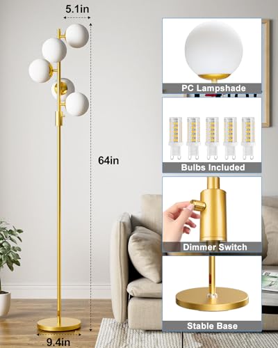 Image of Lightdot Dimmable Globe Floor Lamp, Gold Standing Lamps with 5PCS 3000K Bulbs Included, Mid Century Modern Floor Lamp with 5Lbs Heavy Base for Living Room /Bedroom /Sofa Beside /Corner Decor