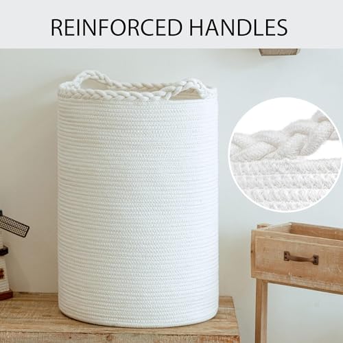Image of ALBY Woven,Tall Wicker Laundry Basket for Blankets,Clothes,Pillows,Toys,Shoes Large Cotton Laundry Hamper for Bedroom Living Room Bathroom Nursery (72L /Extra Large16 inchD x 22 inchH, PURE WHITE)