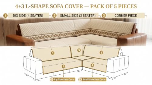 Image of KINGLY L-Shape Sofa Cover 7 Seater 4+3 Velvet Full Cover - Italian Mousse | Fully covered quilted velvet slipcover, washable anti-slip furniture protector, L-type corner sofa cover for living room