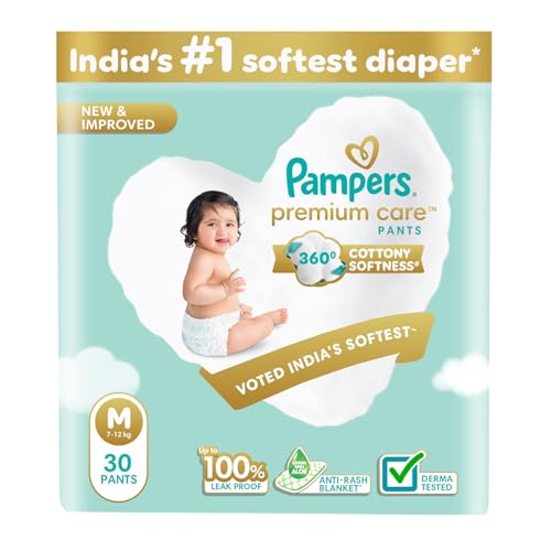 Image of Pampers Premium Care Pant Style Baby Diapers, Medium (M size), 30 Count, 7-12kg, All-in-1 with 360 Cottony Softness Diapers