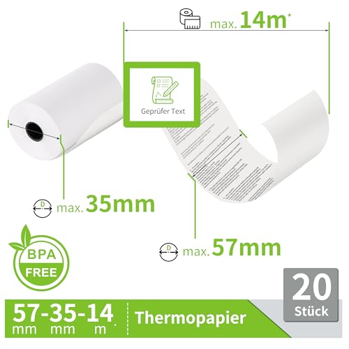 YC Kitchen Thermorollen 57mm x 12mm x 14m - 20 Rollen Kassenrollen - Thermopapier für EPOS-Drucker, POS-Terminal, Kassensystem(20 Rollen)