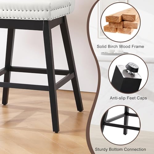 Image of White Leather Swivel Bar Stools Set of 2 with Back, 26 Inch Counter Height Chairs, Solid Wood Legs, Tufted Seat, Comfortable and Stylish for Kitchen, Island, Home Bar(White, 2 Pack, 26 inch H)