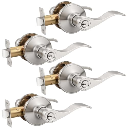 Knobonly 4 Pack Satin Nickel Entrance Door Handle, Wave Style Reversible Keyed Entry Door Lever for Exterior Use, Keyed Alike