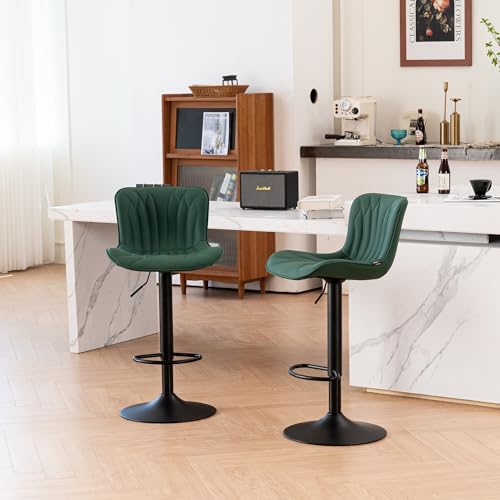 Image of Bar Stools Set of 4 Modern Kitchen Counter Chairs Barstools Dark Green | Faux leather upholstered island chairs with backs & metal base. Swive Adjustable Height, easy to clean & load 300 lbs