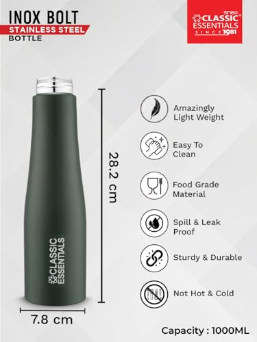 Image of CLASSIC ESSENTIALS PURO Stainless Steel Water Bottle (1000 ml) | Suitable for Fridge office, Bottle, Hiking, Treking | Eco Friendly, Leakproof, BPA Free Non-Toxic Bottle (Set of 1) (Dark Green)