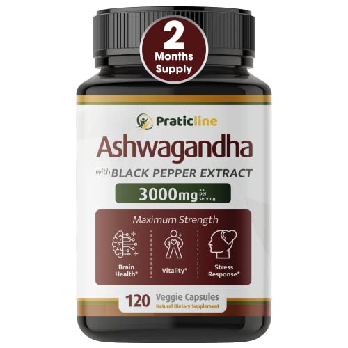 PRATIC LINE Ashwagandha Capsules 3 000 mg - 120 Vegan Cap Made with Organic Ashwagandha Powder and Root Extract. Gluten Free. Made in USA